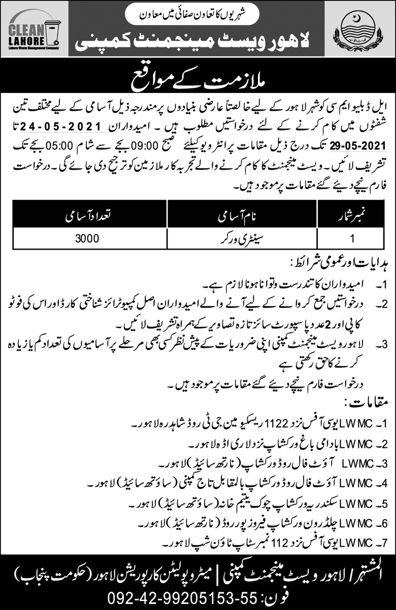 Sanitary Worker Jobs in Lahore Waste Management Company May 2021