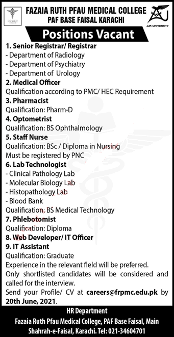 Fazaia Ruth PFAU Medical College Karachi Jobs