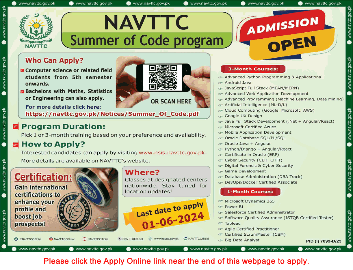 NAVTTC Summer of Code Program (IT Courses for Summer) International Certification