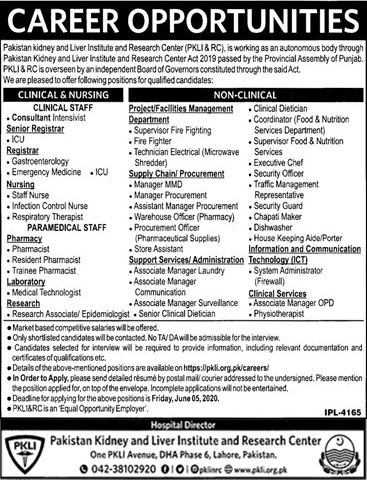 Pakistan Kidney and Liver Institute Jobs May 2020 PKLI Nurses, Associate Managers & Others Latest 