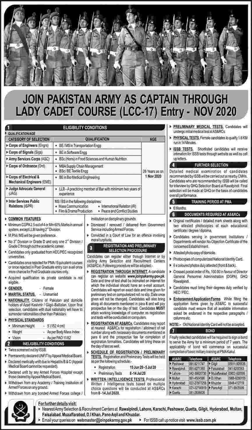Join Pak Army as Captain Lady Cadet Course 2020 LCC-17