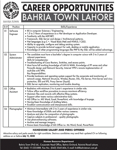 Bahria Town Lahore Jobs June 2020 July Software Engineer, Office Assistant & Others Latest