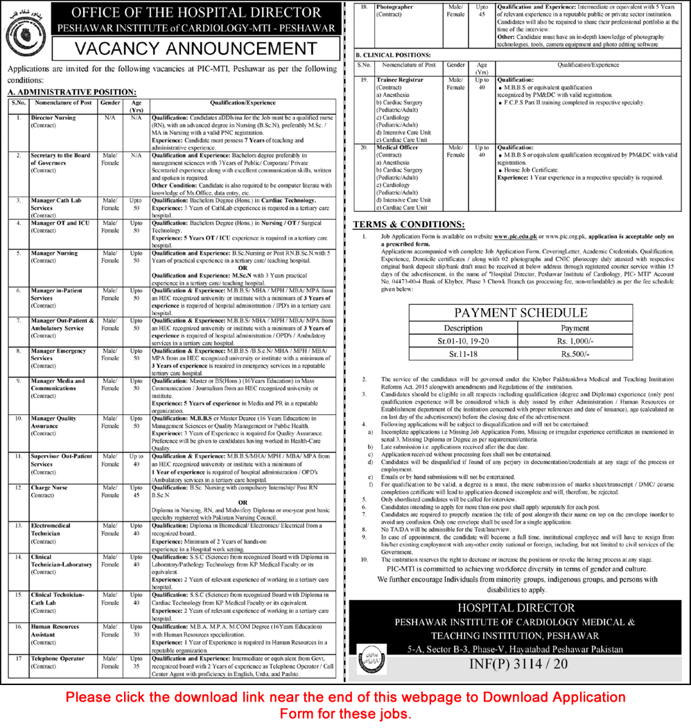  Peshawar Institute of Cardiology Jobs August 2020 PIC MTI Application Form Latest
