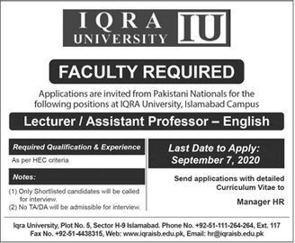 Iqra University Jobs 2020 | Faculty & Management Jobs Sep 2020