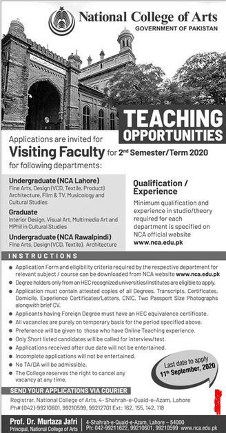 National College of Arts NCA Jobs 2020 | Faculty Jobs Sep 2020