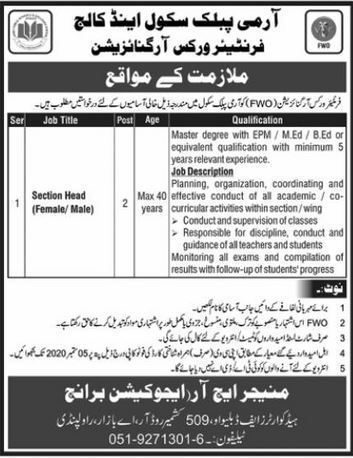 Army Public School & College Frontier Works Org Jobs Sep 2020