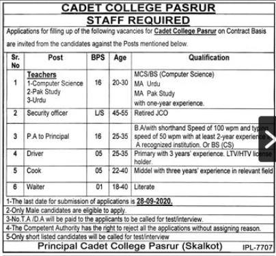 Pakistan Army Cadet College Pasrur Jobs 2020