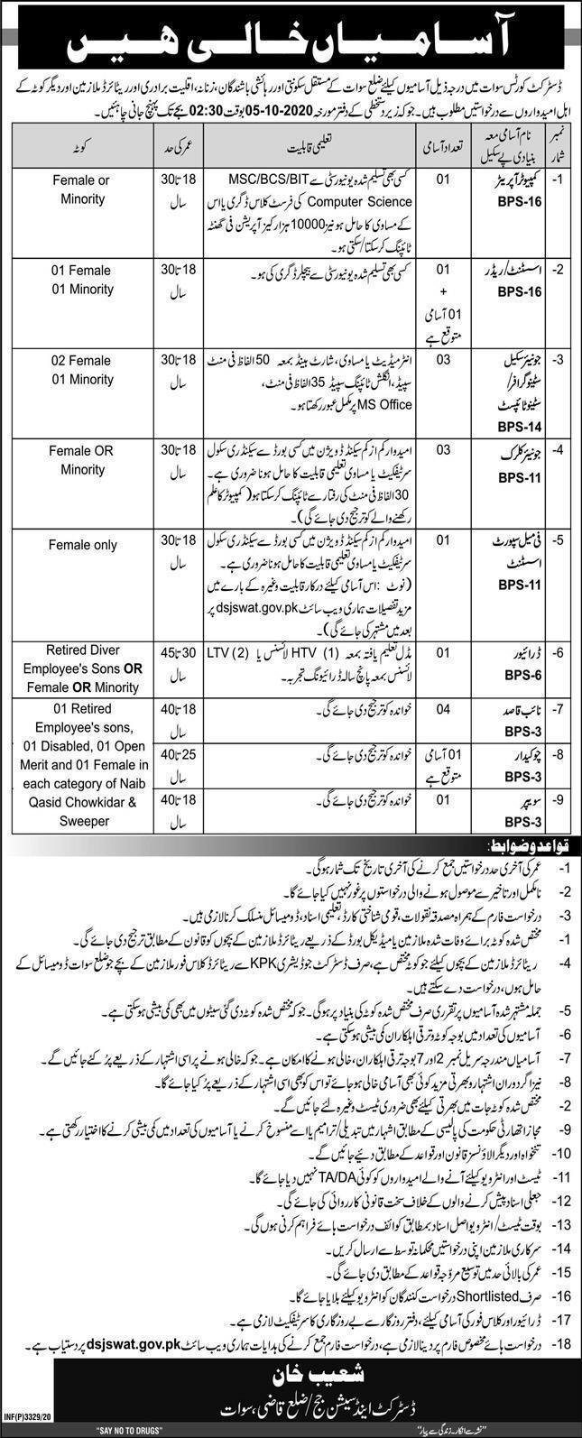  District and Session Court Swat Jobs 2020 September Application Form Naib Qasid, Stenotypist & Others Latest