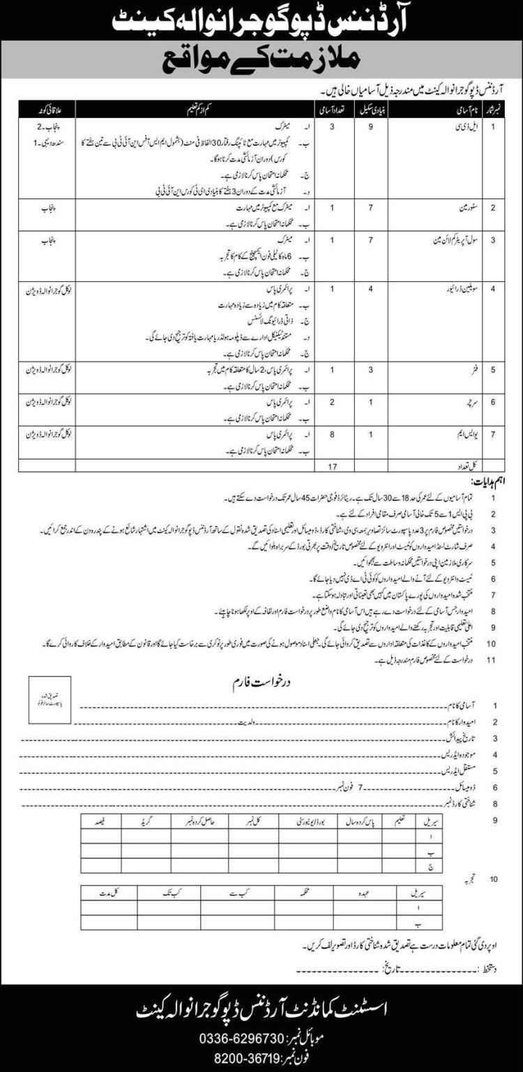 Ordnance Depot Gujranwala Pakistan Army Jobs 2020 Today September for Junior Clerk, Storeman, Civil Operator cum Lineman, Civilian Driver, Fitter, Searcher, USM Latest Punjab