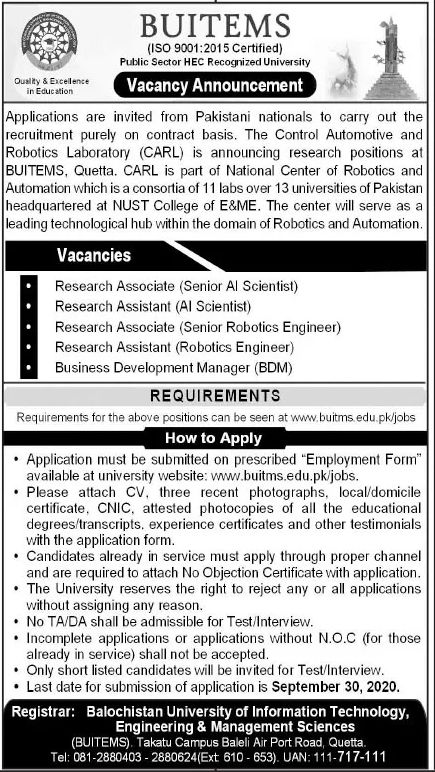  BUITEMS University Quetta Jobs 2020 September Application Form Research Associates / Assistants & Others Latest