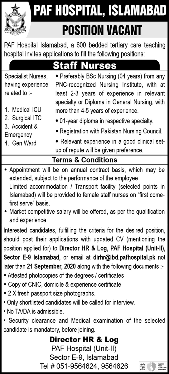  Staff Nurse Jobs in PAF Hospital Islamabad 2020 September Pakistan Air Force Latest