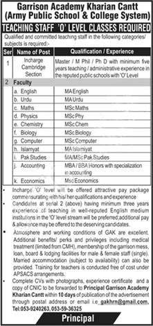  Garrison Academy Kharian Cantt Jobs September 2020 Teaching Faculty & Others Army Public School and College System Latest