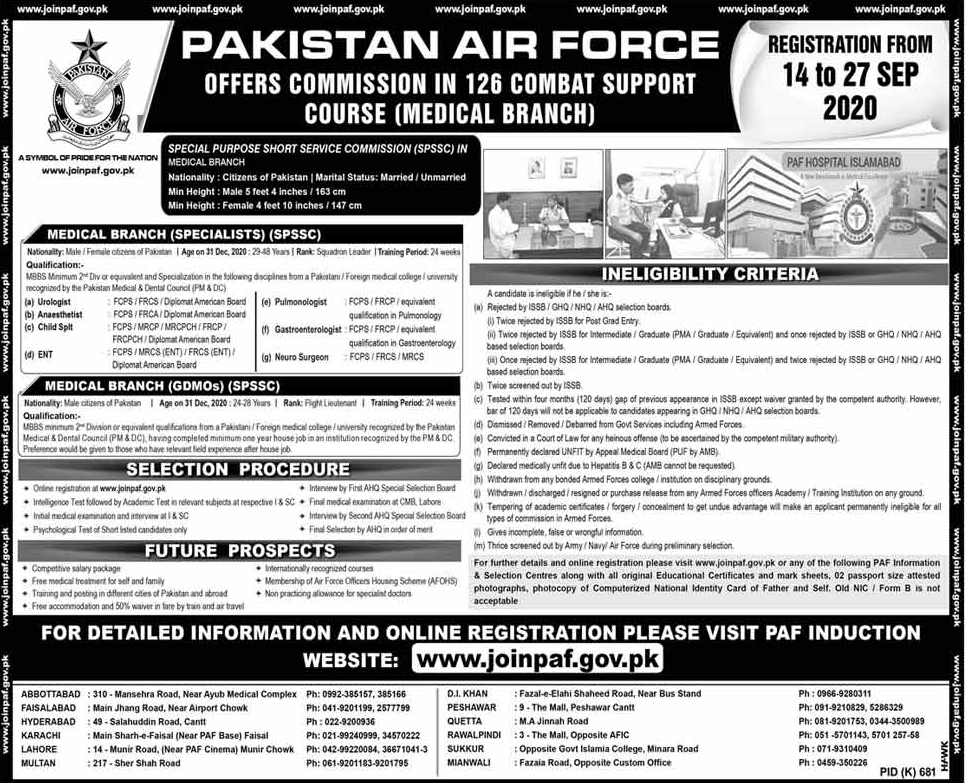 Join Pakistan Air Force September 2020 Online Registration SPSSC Commission in 126 Combat Support Course Latest