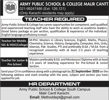  Army Public School and College Malir Cantt Karachi Jobs September 2020 for Teachers APS&C Latest