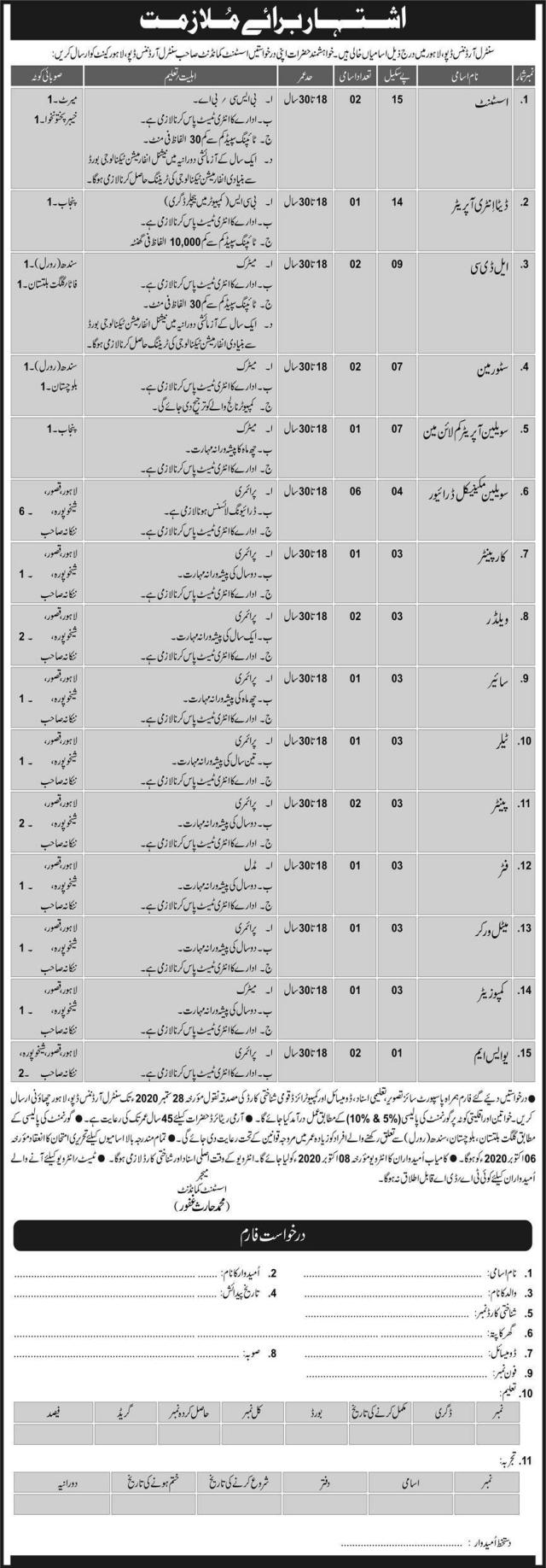 Pakistan Army COD Lahore Cantt Jobs September 2020