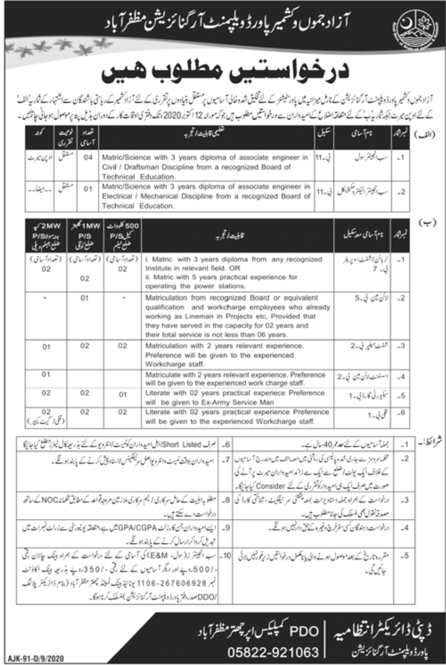  AJK Power Development Organization Jobs 2020 September PDO Latest