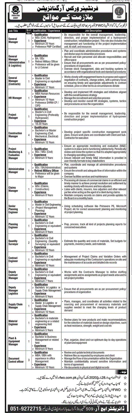  FWO Jobs September 2020 Apply Online Civil Engineers & Others Frontier Works Organization Latest