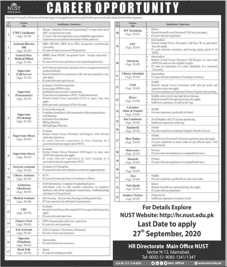 NUST University Jobs Islamabad 2020 Apply Online 