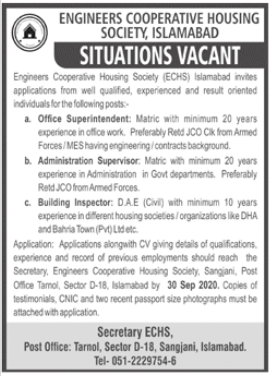 Engineers Cooperative Housing Society ECHS Jobs 2020 in Islamabad