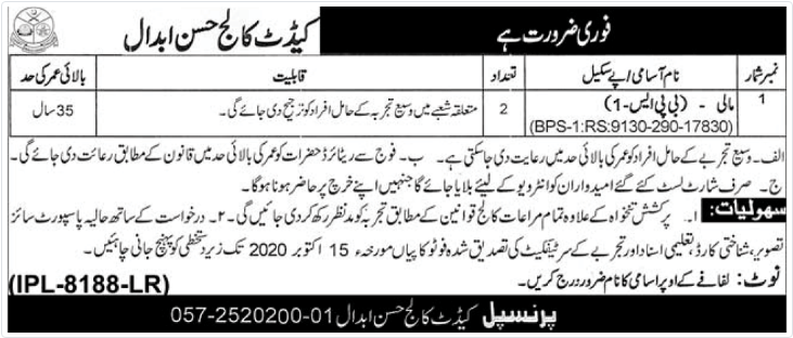 Pakistan Army Cadet College Job 2020 in Hassan Abdal