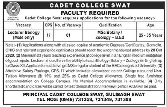 Cadet College Swat Jobs 2020 for Lecturers
