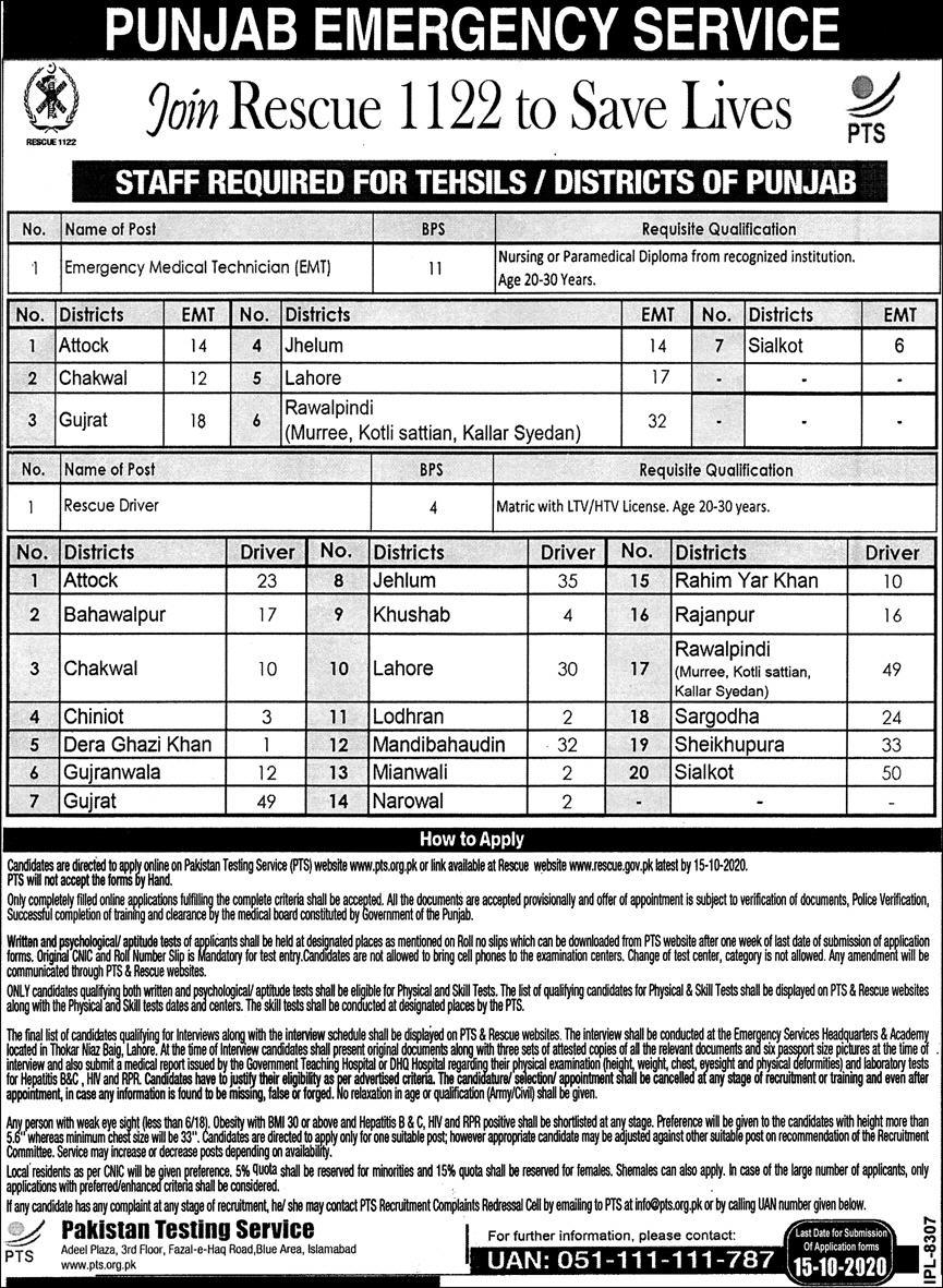 Rescue 1122 Jobs 2020 September Punjab Emergency Medical Technicians & Rescue Drivers PTS Apply Online Latest