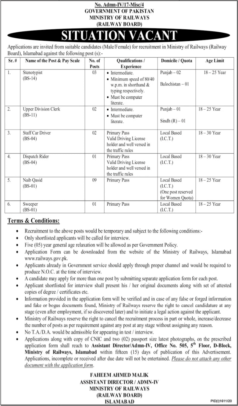 Ministry of Railways Jobs September 2020 Islamabad Application Form Stenotypists, Naib Qasid & Others Latest