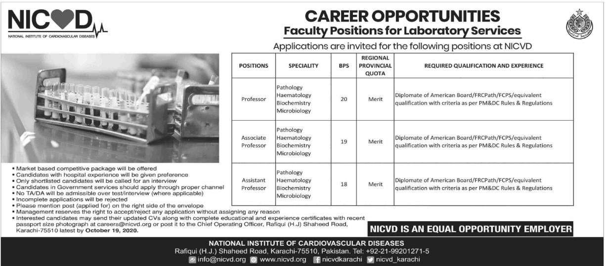 NICVD Jobs September 2020 Karachi Teaching Faculty National Institute of Cardiovascular Diseases Latest