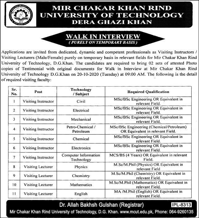 Mir Chakar Khan Rind University DG Khan 2020 September Teaching / Visiting Faculty Walk In Interview Latest