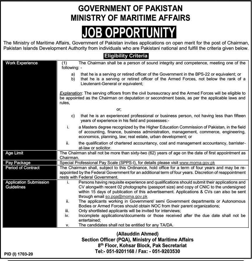 Ministry of Maritime Affairs Job 2020 For Chairman