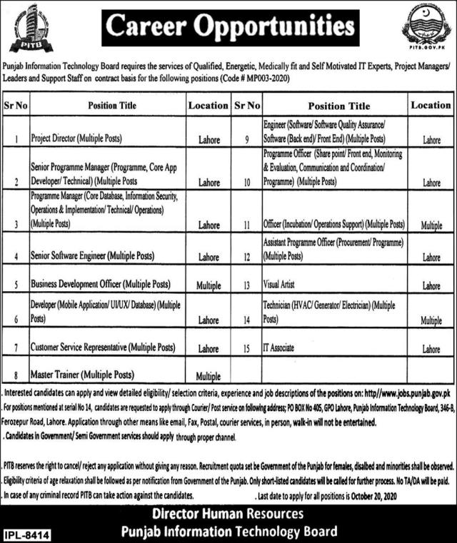 PITB Jobs October 2020 Apply Online Software Engineers & Others Punjab Information Technology Board Latest