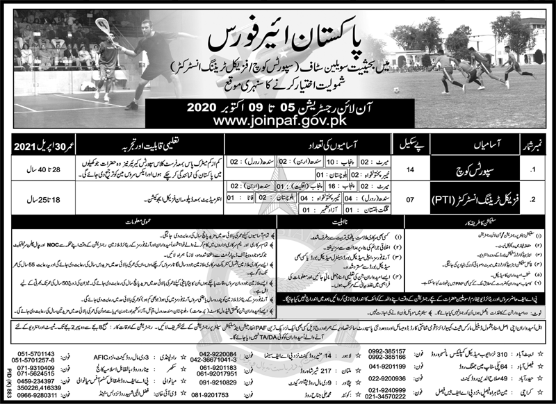 Pakistan Air Force Jobs October 2020 Sports Coach & Physical Training Instructor Online Registration PAF Latest