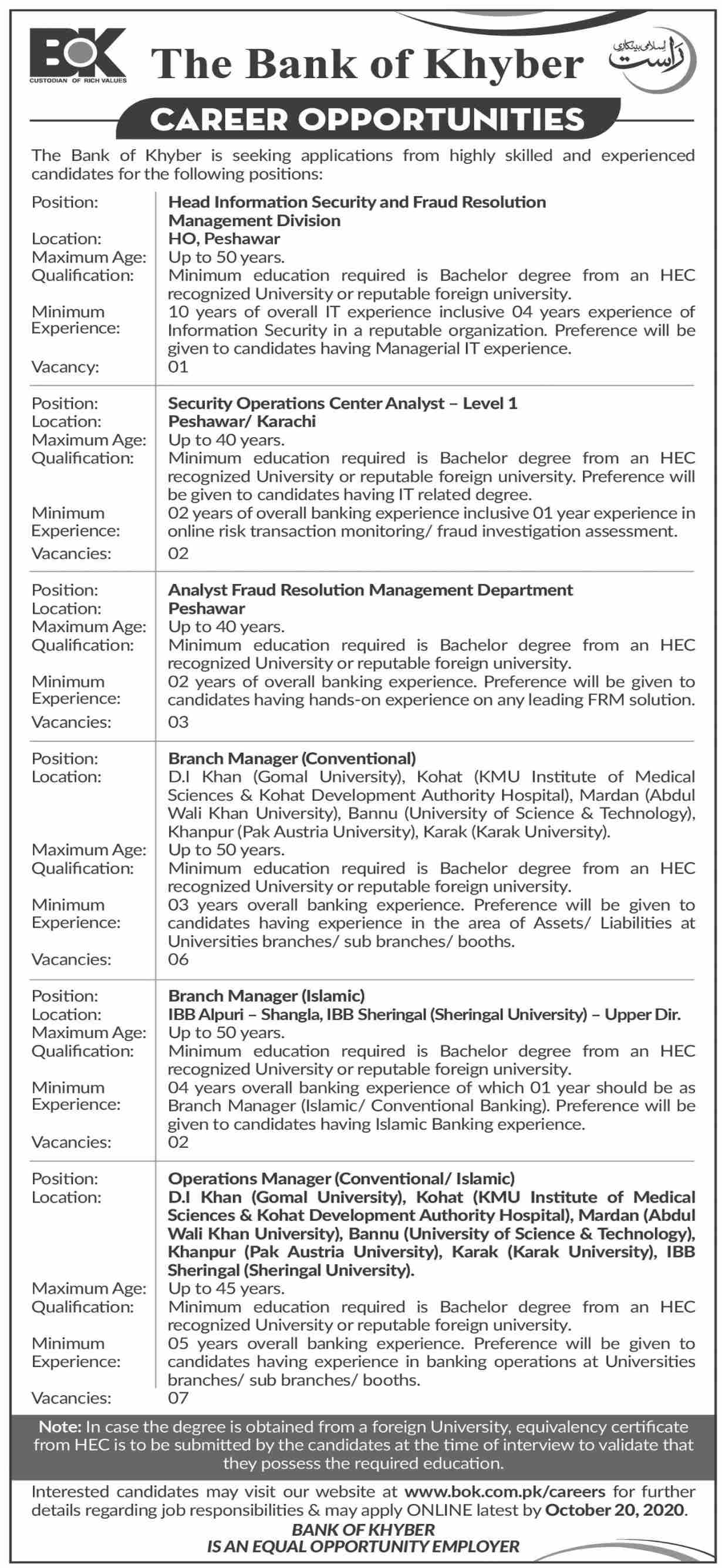Bank of Khyber Jobs October 2020 Apply Online Branch / Operation Managers & Others Latest
