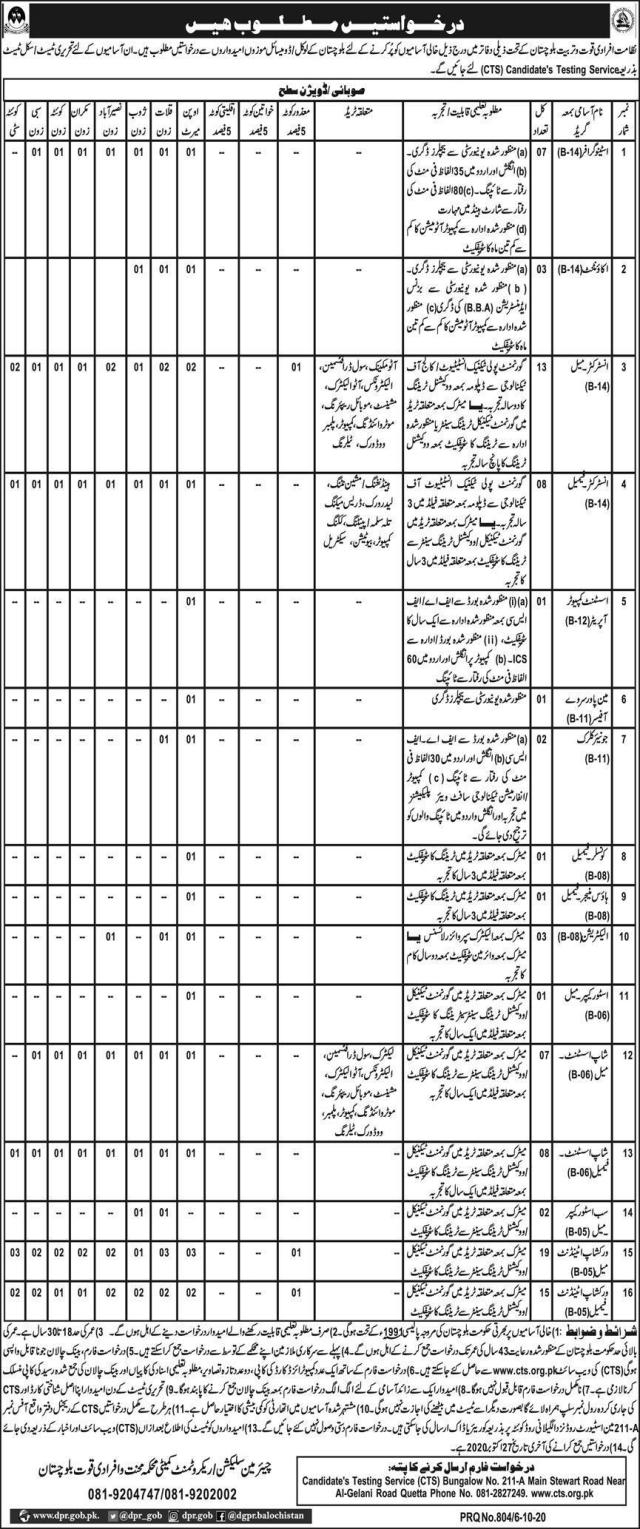 Directorate of Manpower Training Balochistan Jobs 2020 October CTS Application Form Workshop Attendants & Others Latest