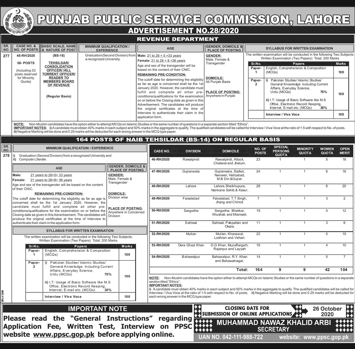 Naib / Tehsildar Jobs in Revenue Department Punjab October 2020 PPSC Online Application Form Latest