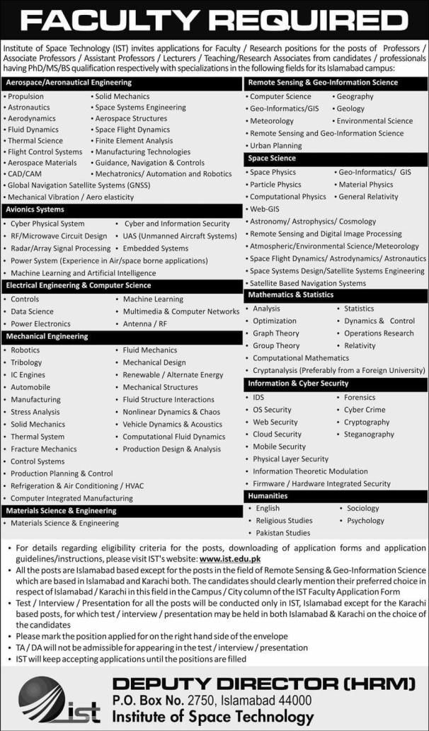 IST Islamabad Jobs October 2020 Application Form Teaching Faculty & Research Associates Institute of Space Technology Latest