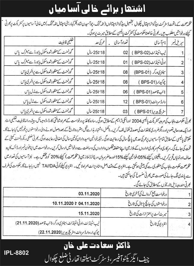 Health Department Chakwal Jobs 2020 October Ward Servants & Others DHQ / THQ Hospitals Latest