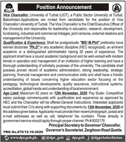 University of Turbat Job 2020 For Vice Chancellor Details