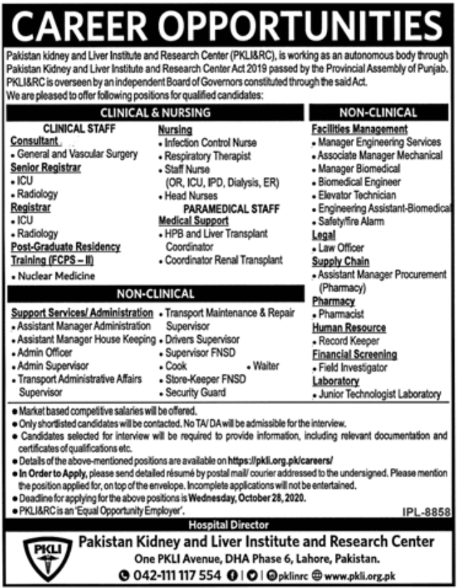 Pakistan Kidney And Liver Institute And Research Center Jobs