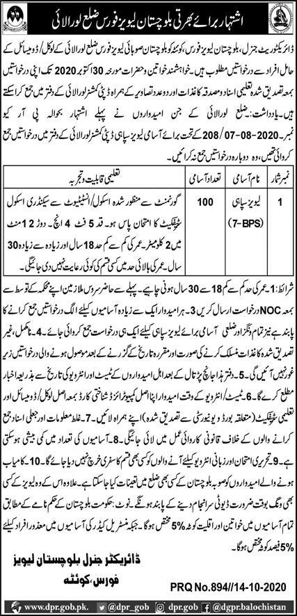 Sipahi Jobs in Balochistan Levies Force Loralai 2020 October Latest