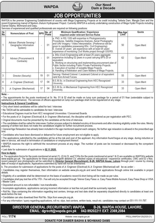 WAPDA Jobs October 2020 PTS Application Form Electrical / Mechanical Engineers & Others Latest