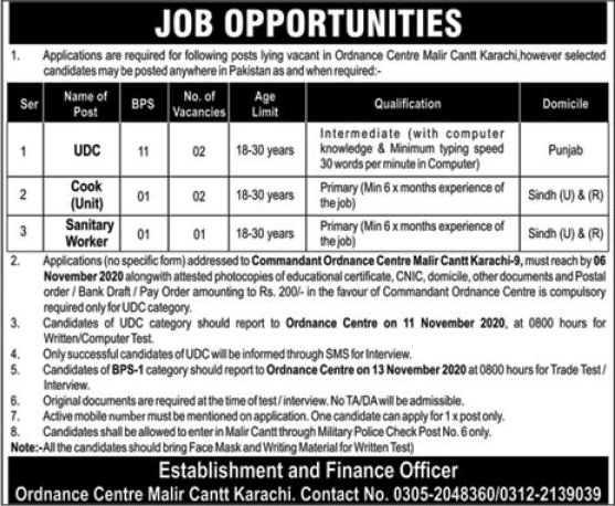 Ordnance Center Malir Cantt Karachi Jobs October 2020 Clerks, Cook & Sanitary Worker Latest
