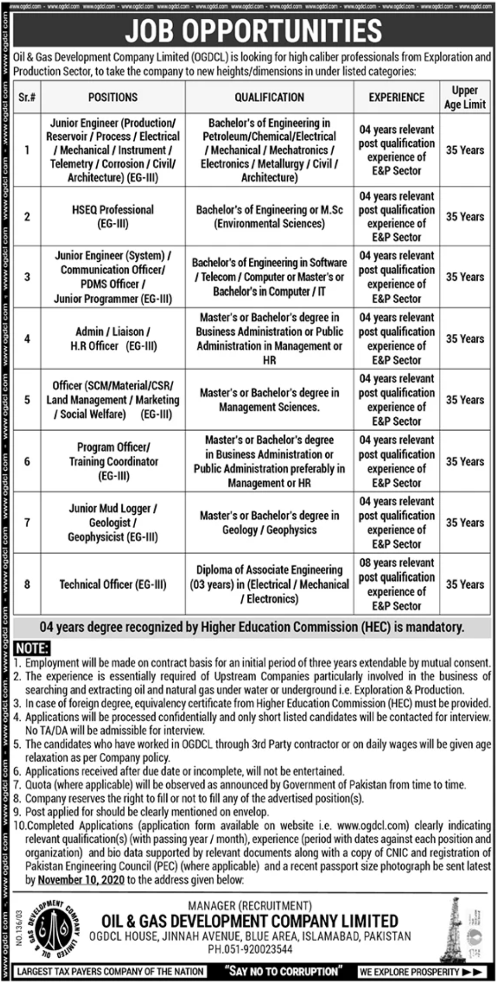 OGDCL Jobs October 2020 Application Form Junior Engineers, Officers & Others Oil and Gas Development Company Limited Latest