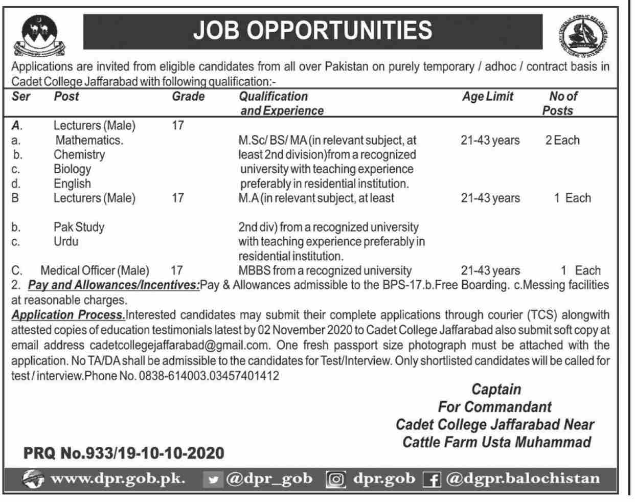 Cadet College Jaffarabad Jobs 2020