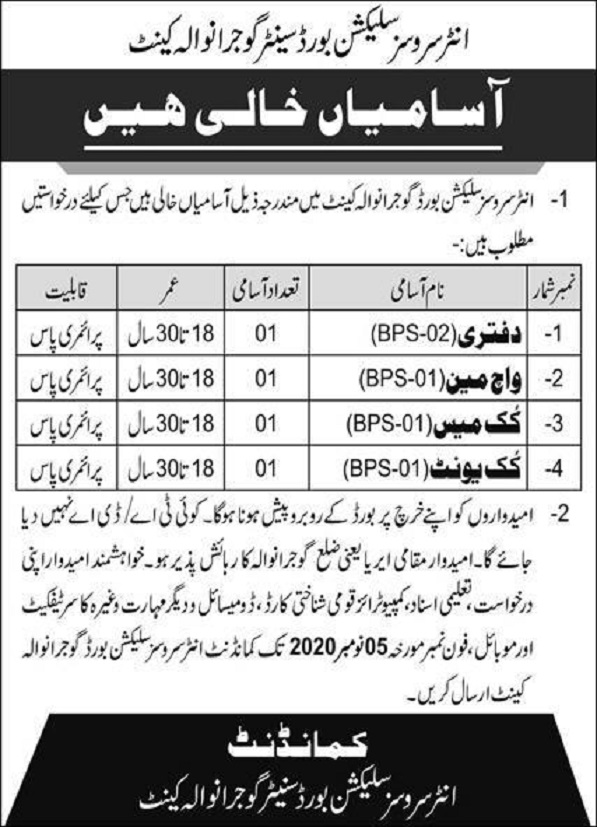 Inter Services Selection Board ISSB Gujranwala Cantt Jobs 2020
