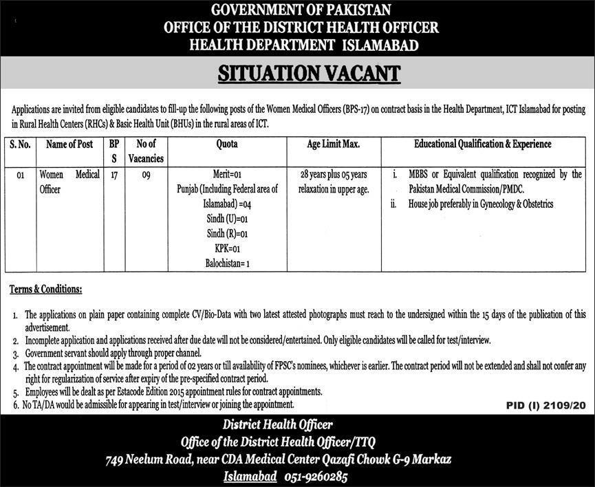 Women Medical Officer Jobs in Health Department Islamabad 2020 October at RHC & BHU Latest