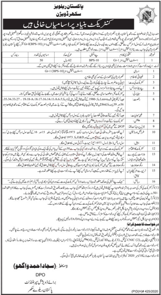 Pakistan Railways Jobs October 2020 Sukkur Division Assistant Station Masters Latest