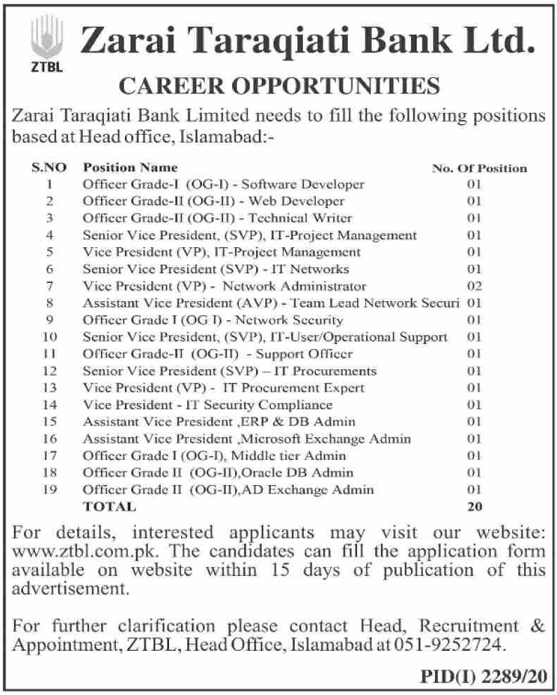 ZTBL Jobs November 2020 Apply Online Zarai Taraqiati Bank Limited Latest