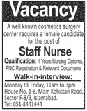 Staff Nurse Job 2020 in Islamabad Details