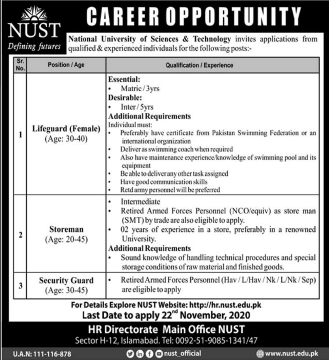 National University of Sciences & Technology (NUST) Islamabad Jobs 2020